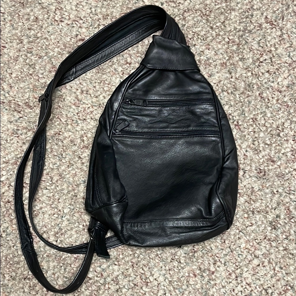 Vintage Black Leather front sling style wear or backpack